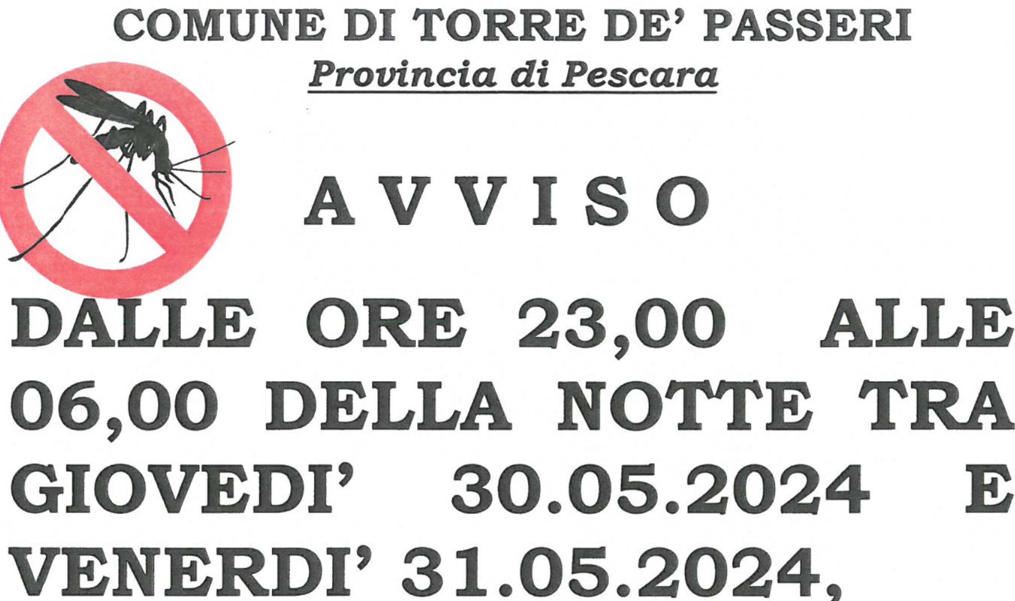 Al via la disinfestazione tra giovedì 30 e venerdì 31 maggio