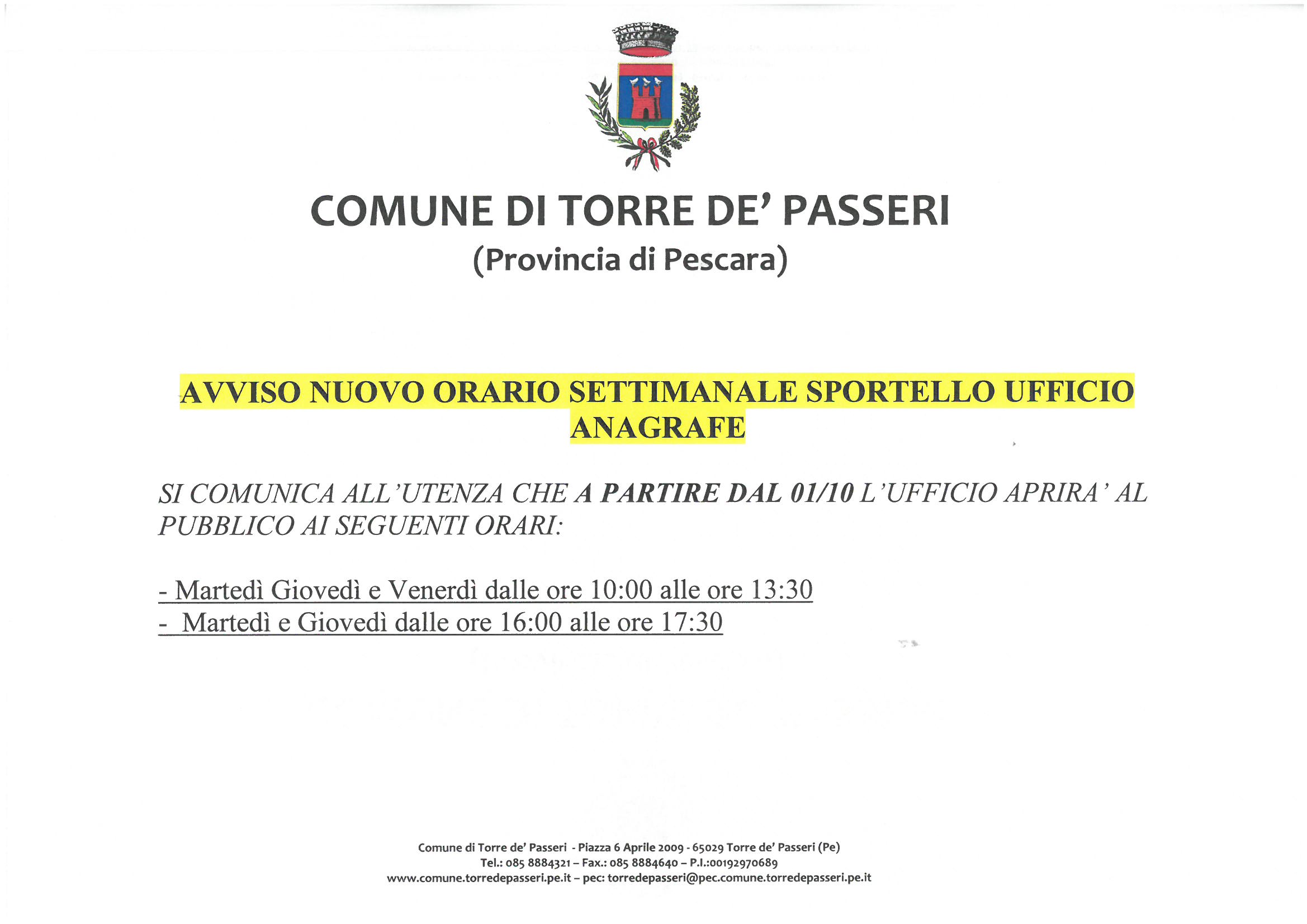 Ecco i nuovi orari di apertura al pubblico  dello sportello Anagrafe del Comune  di Torre 