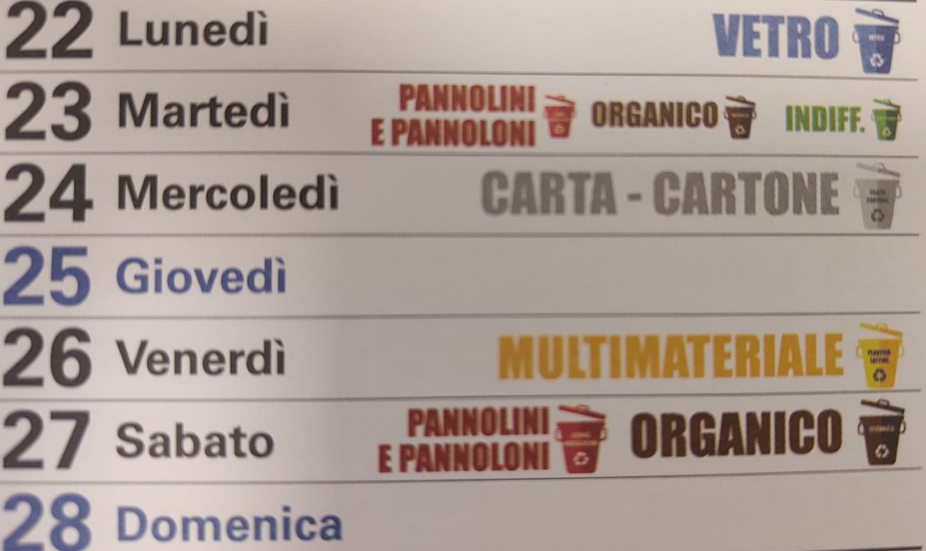 Raccolta rifiuti: le date dal 23 al 25 aprile 2024